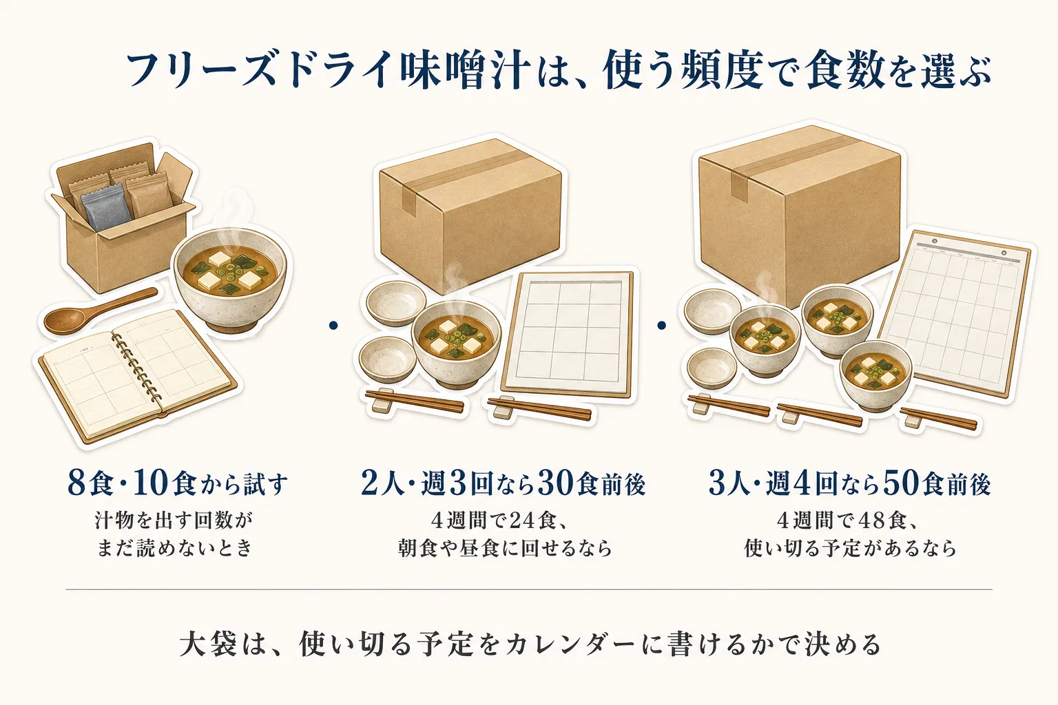 フリーズドライ味噌汁を使う頻度で食数を選ぶ図。汁物を出す回数がまだ読めないときは8食・10食、2人で週3回なら4週間で24食のため朝食や昼食にも回せるなら30食前後、3人で週4回なら4週間で48食のため使い切る予定があれば50食前後を選ぶ目安と、大袋は使い切る予定をカレンダーに書けるかで決めることを示している