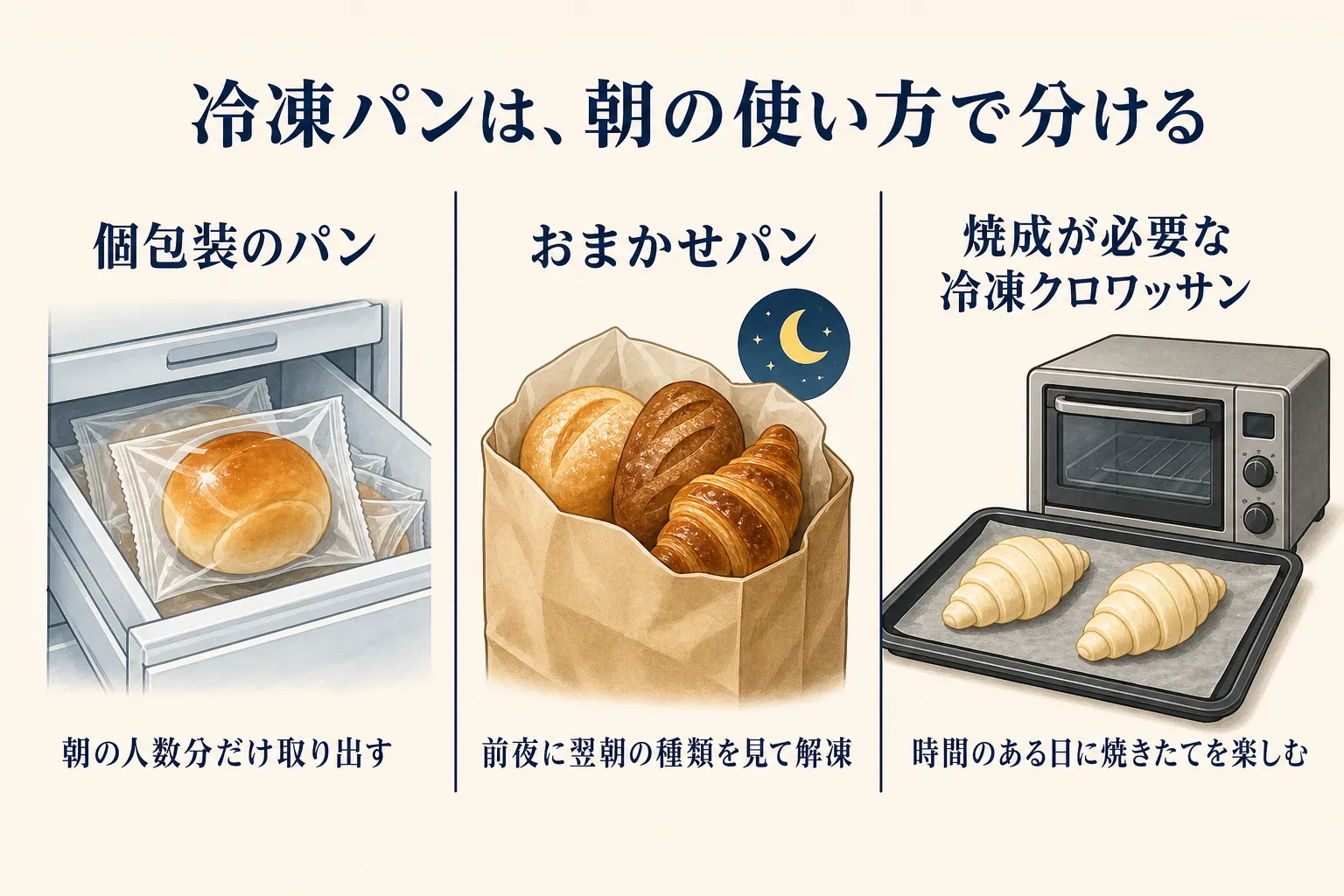 冷凍パンを朝の使い方で分けた図。個包装のパンは朝の人数分だけ取り出す、おまかせパンは前夜に翌朝の種類を見て解凍する、焼成が必要な冷凍クロワッサンは時間のある日に焼きたてを楽しむことを示している