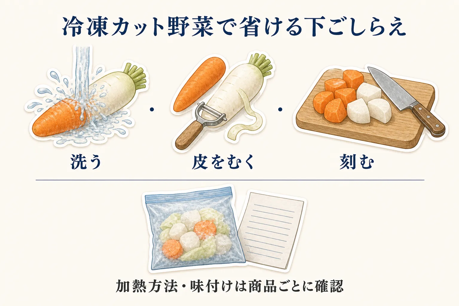 冷凍カット野菜で省ける下ごしらえとして、野菜を洗う、皮をむく、刻む工程を示し、加熱方法・味付けは商品ごとに確認すると説明した図