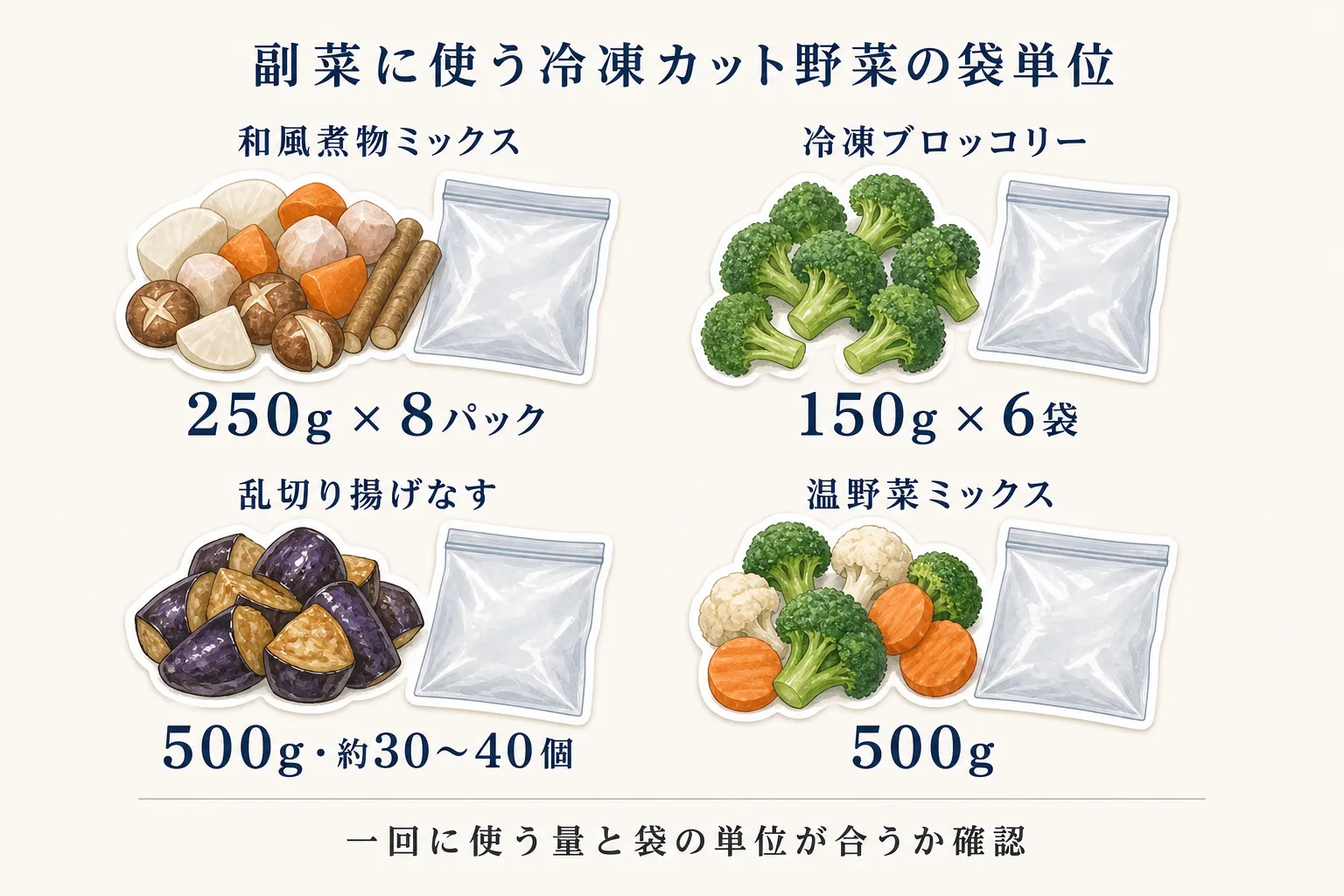 副菜に使う冷凍カット野菜の袋単位を、和風煮物ミックス250g×8パック、冷凍ブロッコリー150g×6袋、乱切り揚げなす500g・約30〜40個、温野菜ミックス500gで比較し、一回に使う量と袋の単位が合うか確認すると示した図