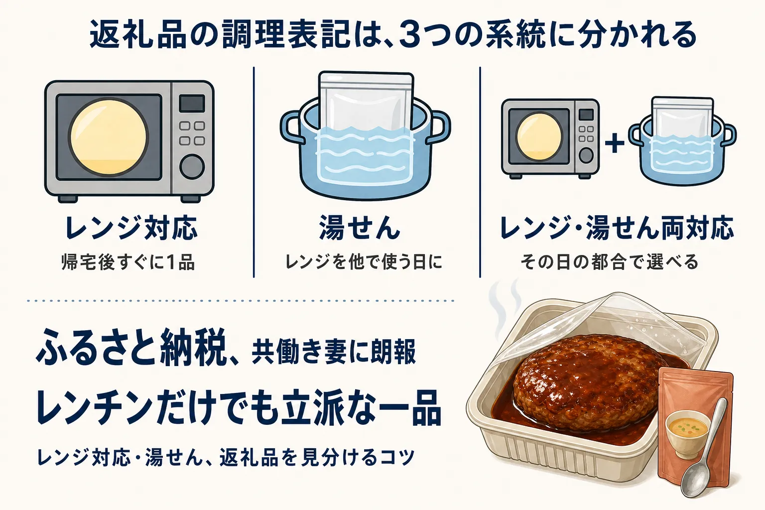 返礼品の調理表記を、電子レンジ対応、湯せん、電子レンジと湯せんの両対応の3種類に分け、帰宅後の調理方法を商品ごとに確認する必要があることを示す図