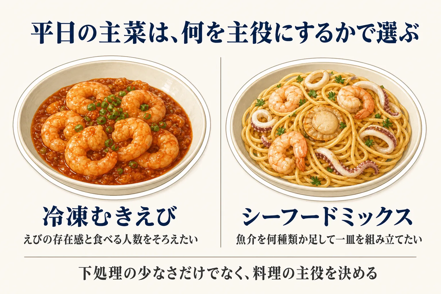平日の主菜を何を主役にするかで選ぶ図。えびの存在感と食べる人数をそろえたい場合は冷凍むきえびを選び、魚介を何種類か足して一皿を組み立てたい場合はシーフードミックスを選ぶ目安を、えびチリとえび・ホタテ・イカのパスタで示している。下処理の少なさだけでなく料理の主役を決めることを示す