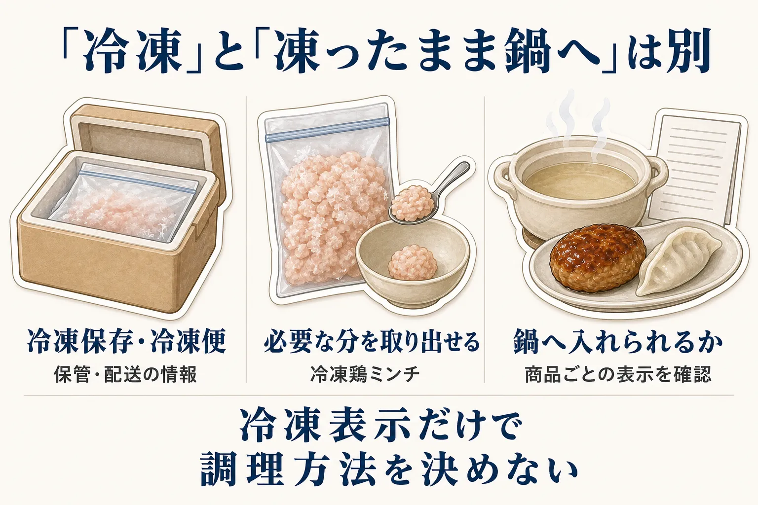 冷凍保存・冷凍便という保管・配送情報、冷凍鶏ミンチを必要な分だけ取り出せること、完成品のつみれや水餃子を鍋へ入れられるかは商品ごとの表示確認が必要なことを並べ、「冷凍」表示だけで調理方法を決めないよう示す図