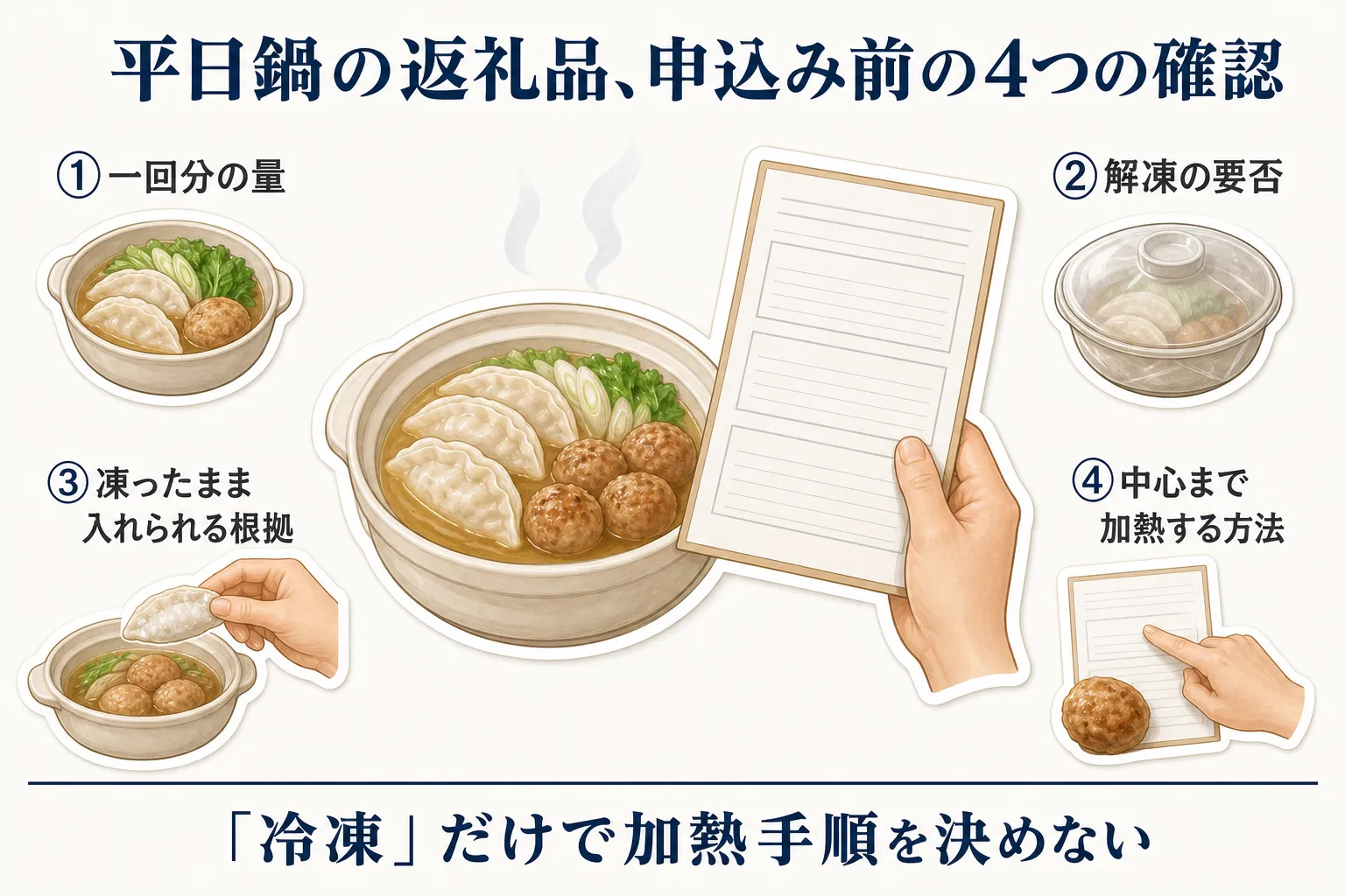 平日鍋の返礼品を申し込む前に確認する4項目として、一回分の量、解凍の要否、凍ったまま鍋へ入れられる根拠、中心まで加熱する方法を、鍋と商品表示のイラストで示し、「冷凍」だけで加熱手順を決めないよう伝える図