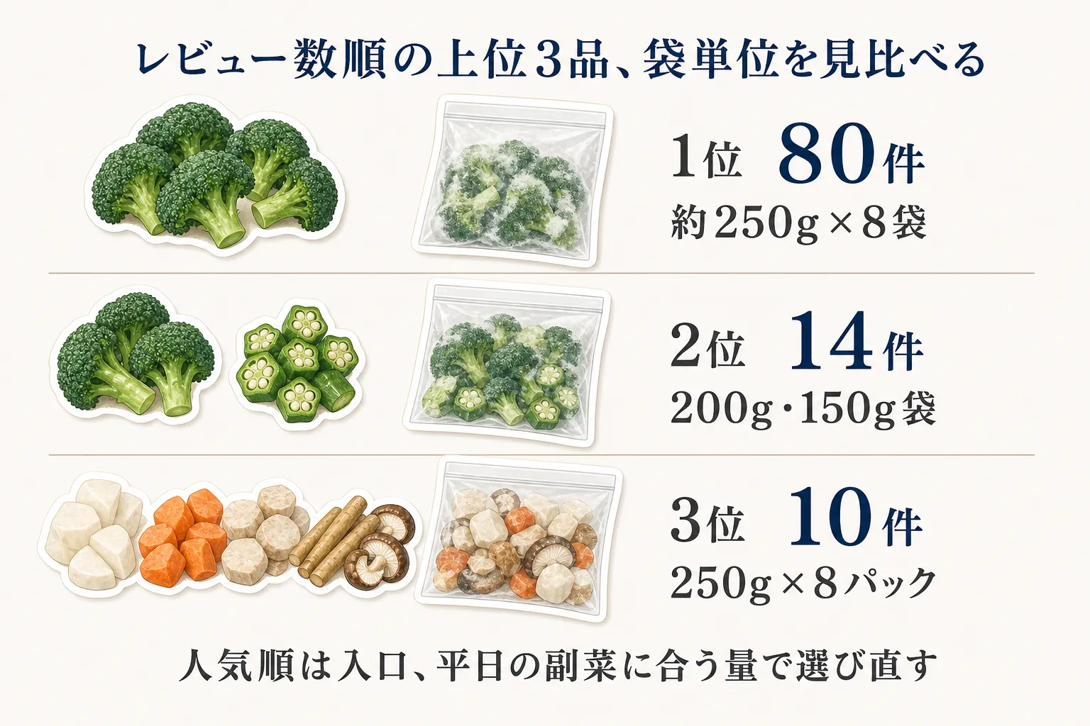 レビュー数順の上位3品と袋単位を比較した図。1位はレビュー80件・約250g×8袋のブロッコリー、2位は14件・200gと150g袋のブロッコリー・オクラ、3位は10件・250g×8パックの和風煮物ミックスで、人気順を入口に平日の副菜に合う量で選び直すことを示す。出典：2026年8月23日に取得した指定JSON