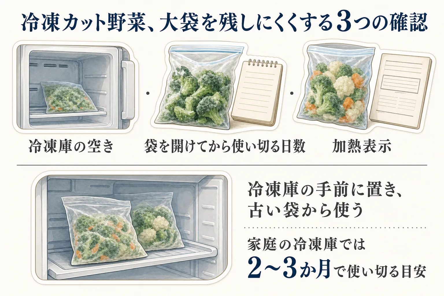 冷凍カット野菜の大袋を残しにくくする3つの確認を示す図。冷凍庫の空き、袋を開けてから使い切る日数、加熱表示を確認し、冷凍庫の手前に置いて古い袋から使うこと、家庭の冷凍庫では2〜3か月で使い切る目安を示す。出典：農林水産省「冷凍室で保存していた冷凍食品の品質はどれくらい保たれますか」