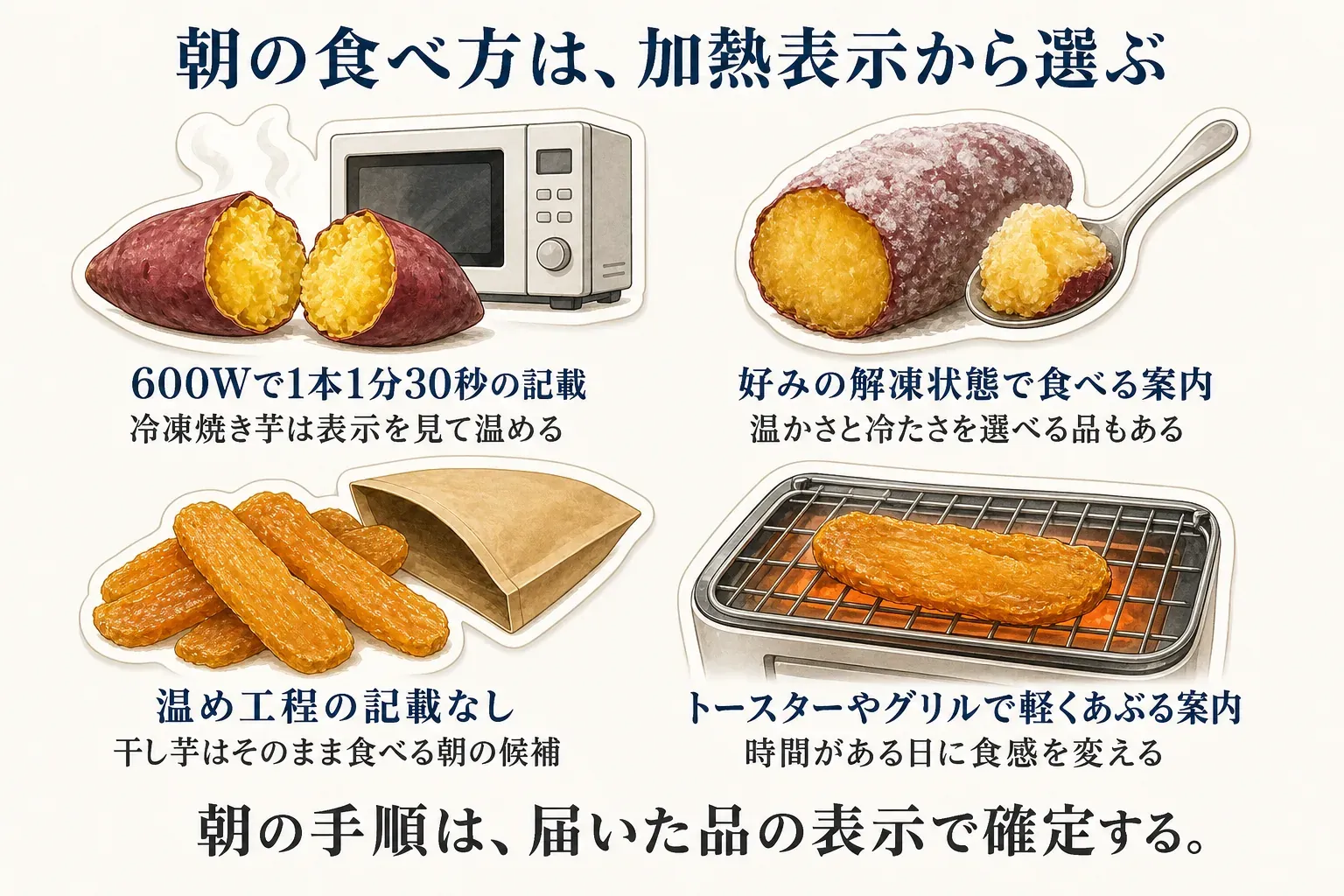 朝の食べ方を加熱表示から選ぶ図。冷凍焼き芋は600Wで1本1分30秒の記載を見て温める例、好みの解凍状態で食べる例、干し芋は温め工程の記載がない例、トースターやグリルで軽くあぶる例を示し、届いた品の表示で朝の手順を確定すると案内している