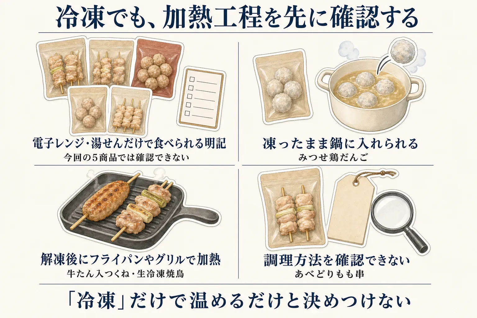 平日の主菜を加熱工程から選ぶ図。今回の5商品では電子レンジ・湯せんだけで食べられる明記は確認できず、みつせ鶏だんごは凍ったまま鍋へ、牛たん入つくね・生冷凍焼鳥は解凍後にフライパンやグリルで加熱、あべどりもも串は調理方法の記載を確認できないことと、申込み前に商品ページ・実物表示を確認することを示す
