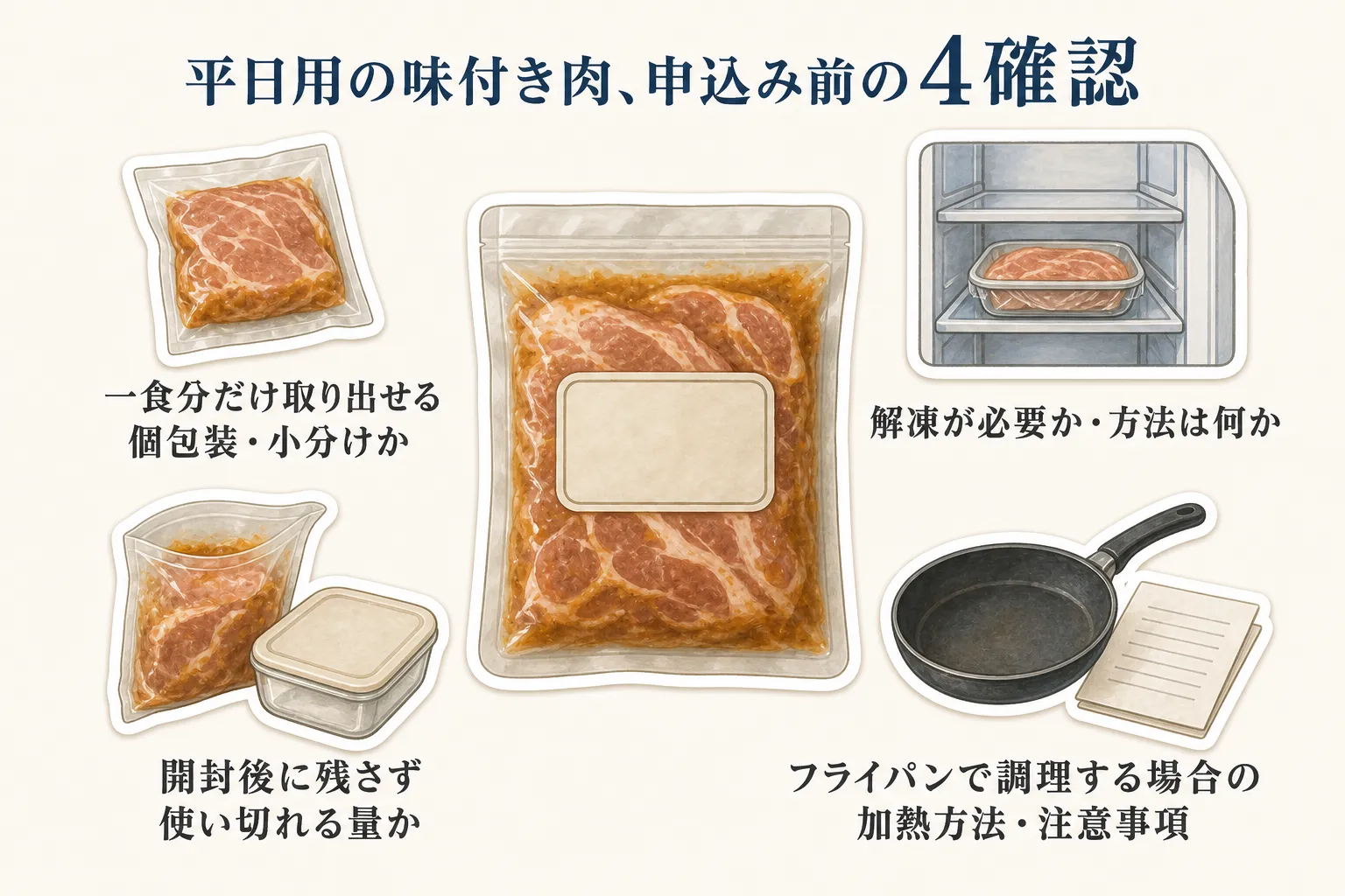平日用の味付き肉を申し込む前に、一食分だけ取り出せる個包装・小分けか、解凍が必要かとその方法、フライパン調理時の加熱方法と注意事項、開封後に残さず使い切れる量かの4点を確認する図