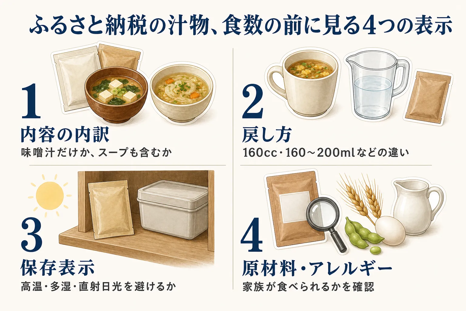 ふるさと納税の汁物を選ぶ際に食数の前に確認する4つの表示をまとめた図。内容の内訳は味噌汁だけかスープも含むか、戻し方は160cc・160〜200mlなどのお湯の量、保存表示は高温・多湿・直射日光を避けるか、原材料・アレルギーは家族が食べられるかを確認することを示している