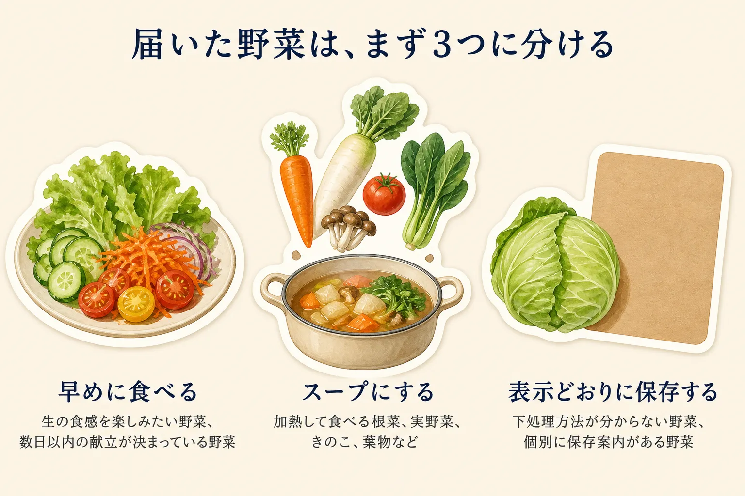 届いた野菜を、早めに食べる、生の食感を楽しみたい野菜や数日以内の献立が決まっている野菜、スープにする、加熱して食べる根菜・実野菜・きのこ・葉物、表示どおりに保存する、下処理方法が分からない野菜や個別に保存案内がある野菜、の三つに分ける図
