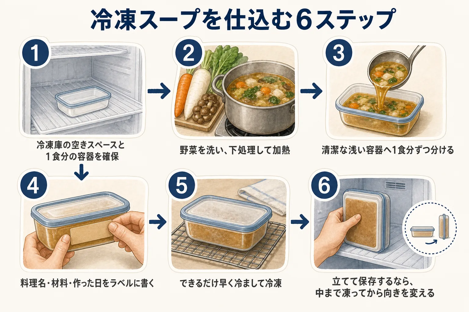 冷凍スープを仕込む六つの手順を、冷凍庫の空きスペースと1食分の容器を確保する、野菜を洗い下処理して加熱する、清潔な浅い容器へ1食分ずつ分ける、料理名・材料・作った日をラベルに書く、できるだけ早く冷まして冷凍する、立てて保存するなら中まで凍ってから向きを変える、の順に示す図