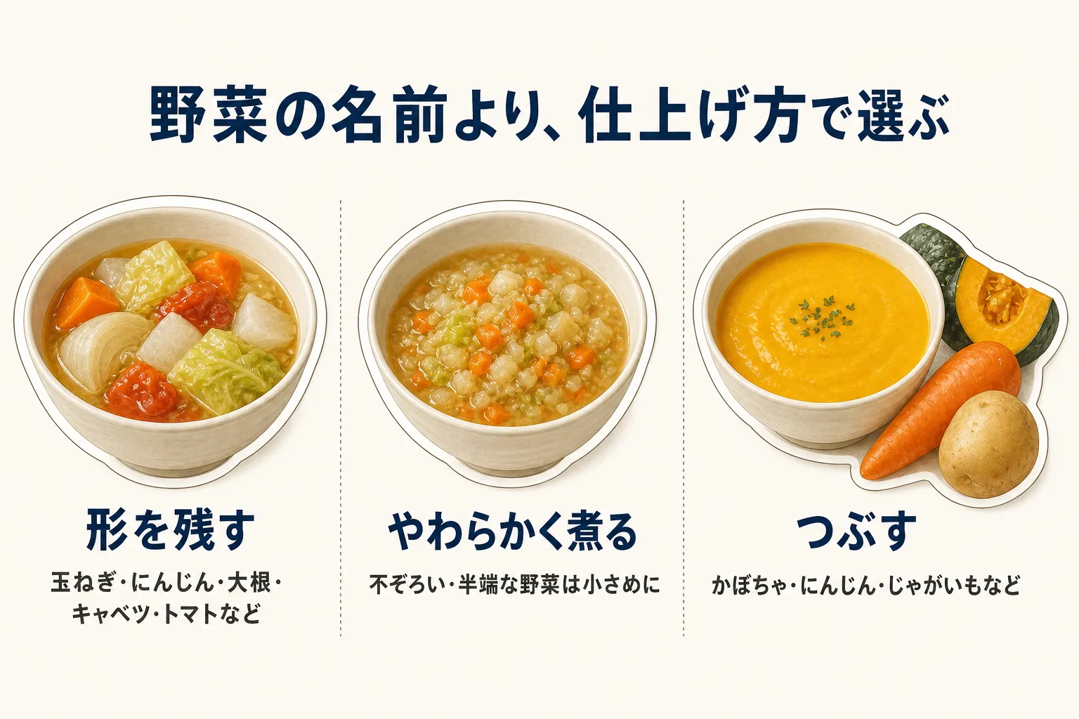野菜を冷凍スープにする仕上げ方を、玉ねぎ・にんじん・大根・キャベツ・トマトなどは形を残す、不ぞろい・半端な野菜は小さめに切ってやわらかく煮る、かぼちゃ・にんじん・じゃがいもなどはつぶす、の三つで示す図