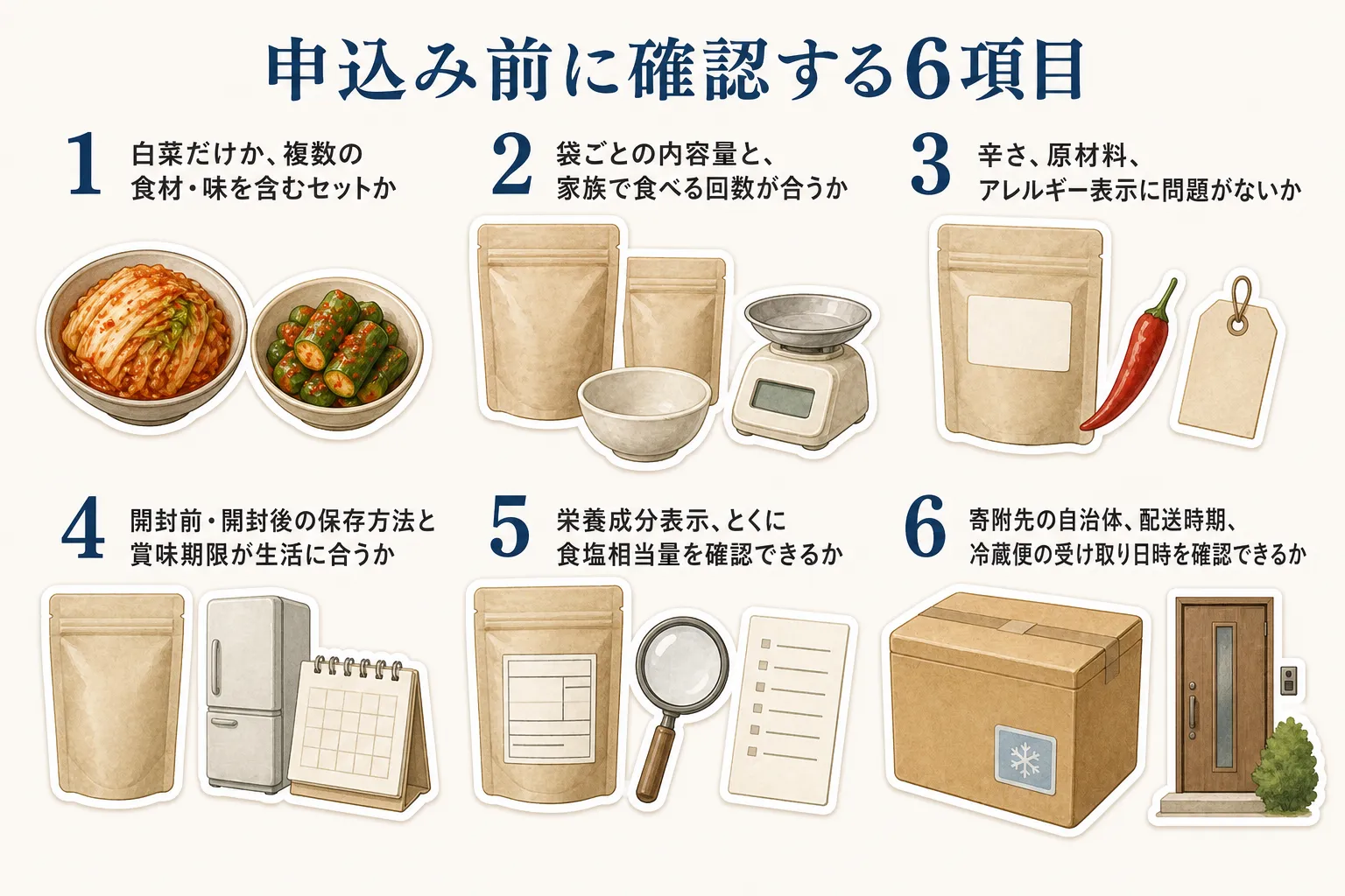 キムチを申し込む前に確認する6項目。白菜だけか複数の食材・味を含むセットか、袋ごとの内容量と家族で食べる回数、辛さ・原材料・アレルギー、保存方法と賞味期限、栄養成分表示の食塩相当量、寄附先自治体・配送時期・冷蔵便の受け取り日時を確認する図