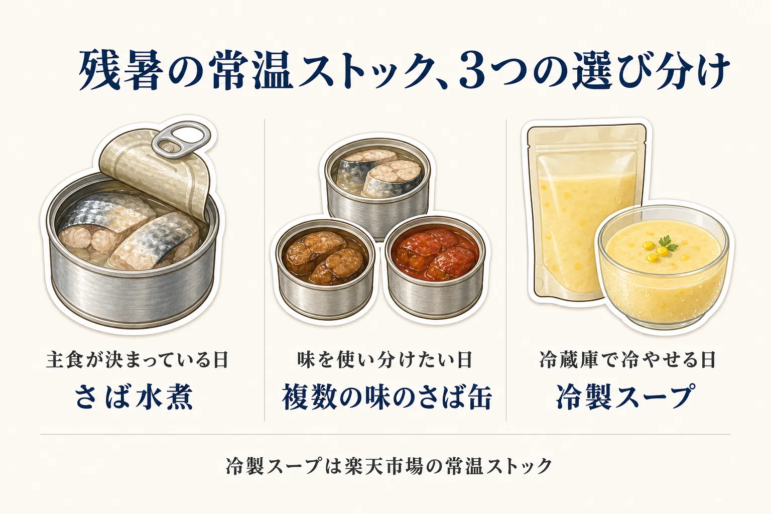 残暑の常温ストックを、主食が決まっている日はさば水煮、味を使い分けたい日は複数の味のさば缶、冷蔵庫で冷やせる日は冷製スープに分けて選ぶ図。冷製スープは楽天市場の常温ストックであることを示す