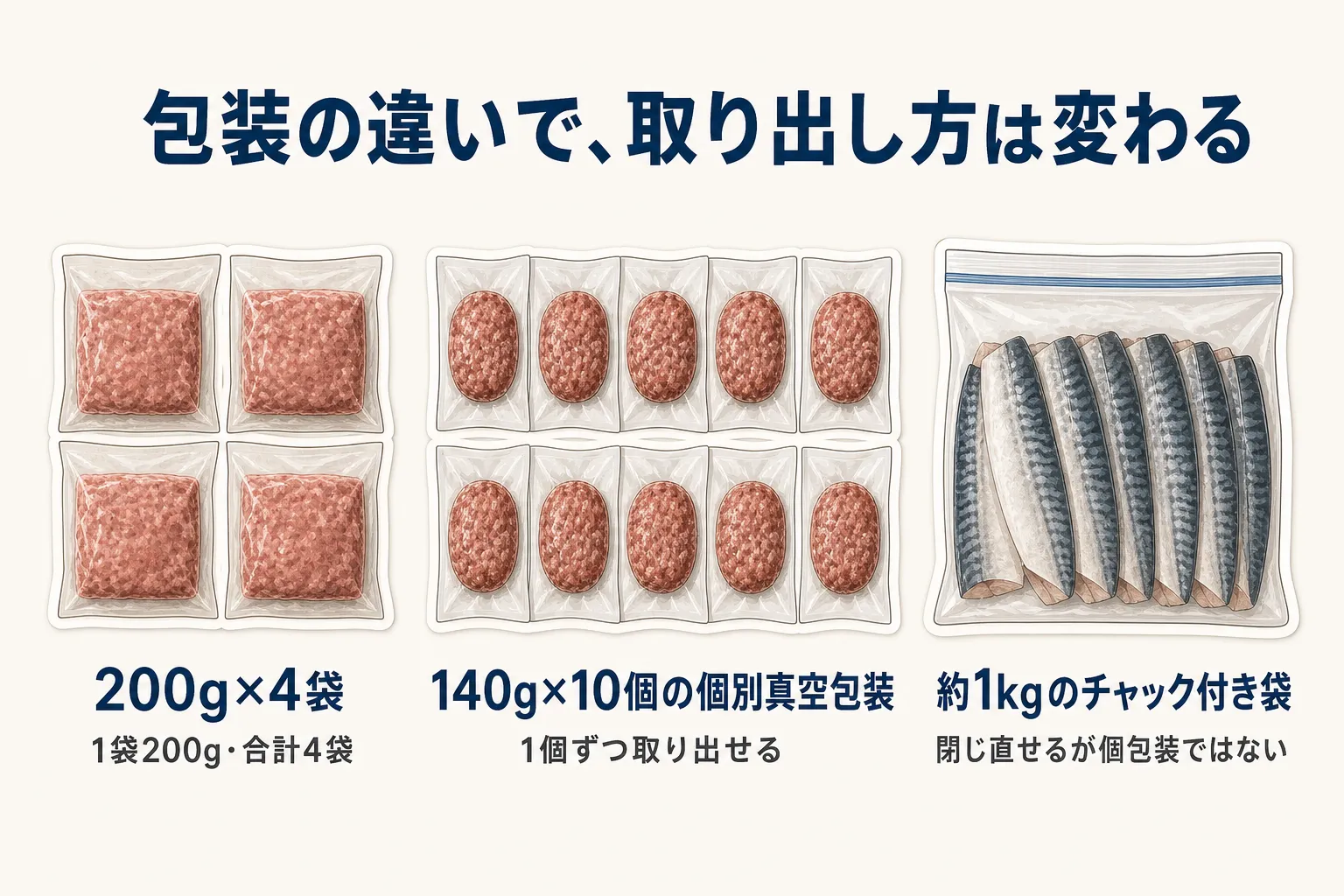 肉や魚の包装を、200gずつの小分け袋、140gずつの個別真空包装、約1kgのチャック付き大袋で比較した図。各包装で申込み前に確認できる単位と向いている使い方を示している