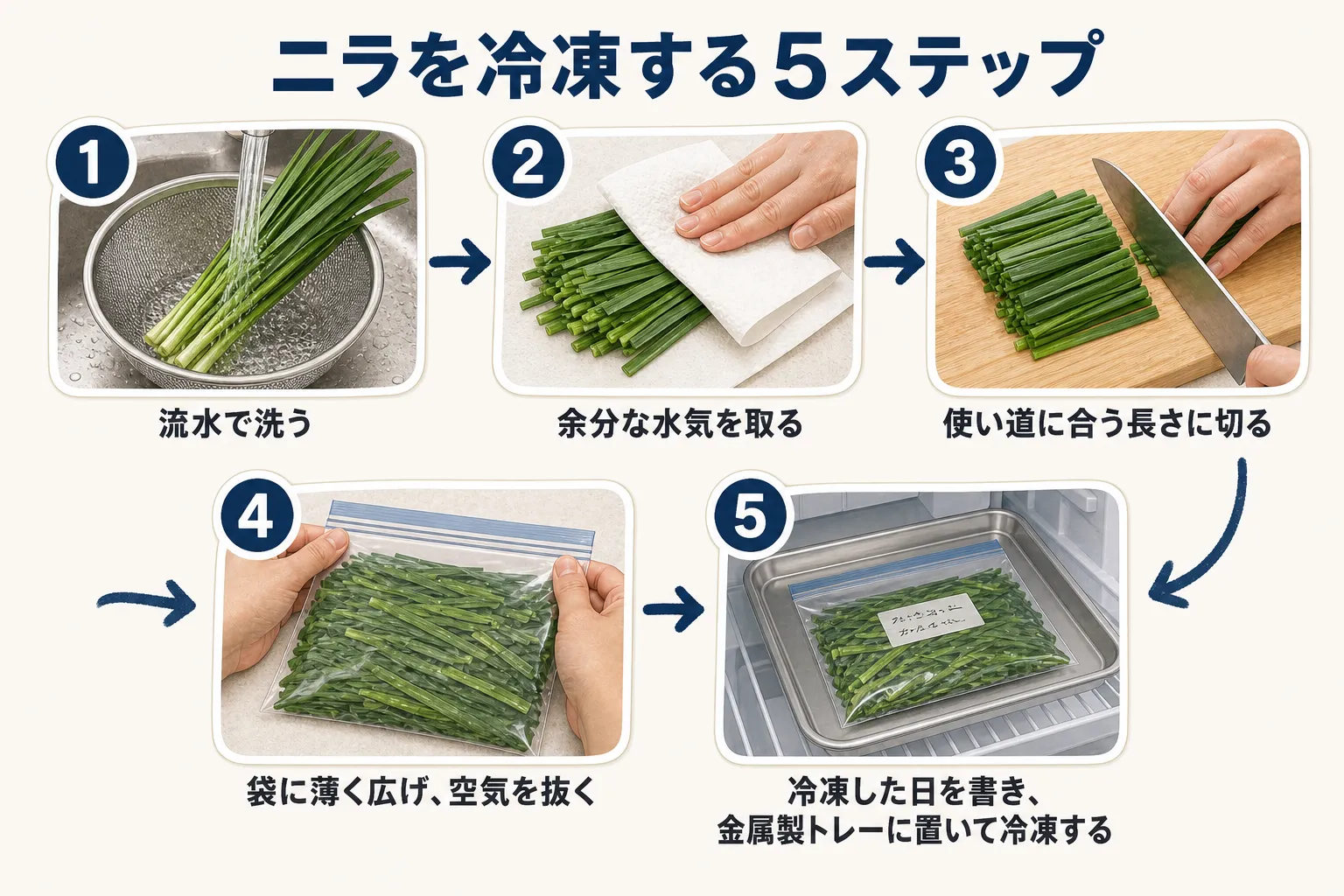 ニラを冷凍する5ステップの図。流水で洗い、余分な水気を取り、使い道に合う長さに切り、袋に薄く広げて空気を抜き、冷凍した日を書いて金属製トレーに置いて冷凍する手順を示している。出典：農林水産省「簡単な『冷凍ワザ』で、野菜を新鮮に！おいしく！」