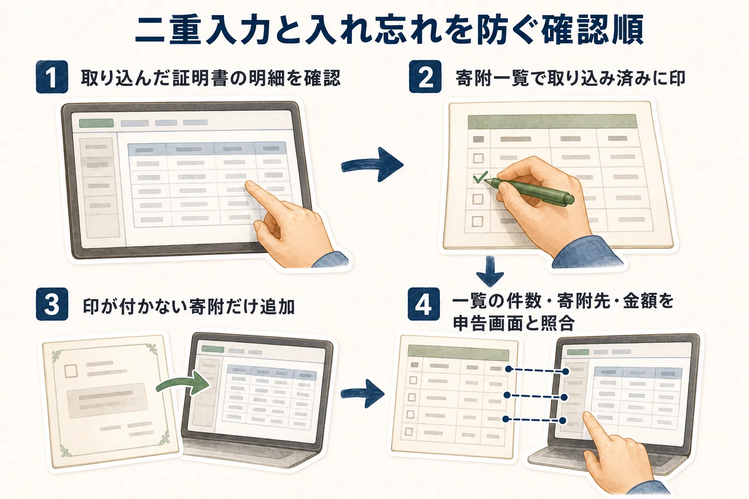 二重入力と入れ忘れを防ぐため、取り込んだ証明書の明細を確認し、寄附一覧で取り込み済みに印を付け、印がない寄附だけを追加して、最後に一覧の件数・寄附先・金額を申告画面と照合する4段階の確認手順を示す図。出典：国税庁