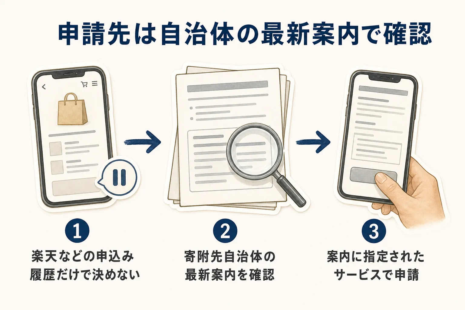 楽天などの申込み履歴だけで申請先を決めず、寄附先自治体の最新案内を確認して、案内で指定されたサービスからオンライン申請する3段階の流れを示す図
