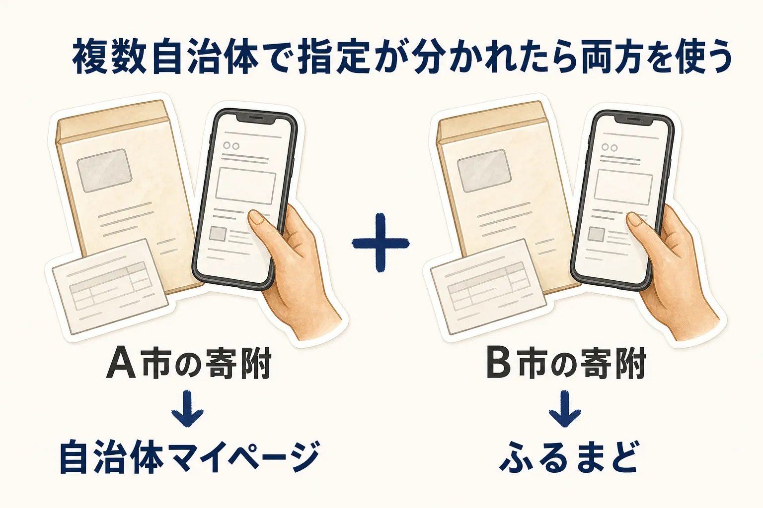 複数自治体で指定サービスが分かれた場合、A市への寄附は自治体マイページ、B市への寄附はふるまどでそれぞれオンライン申請することを示す図