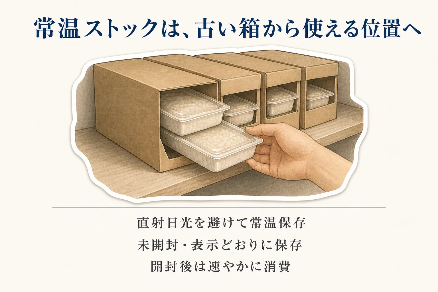 パックご飯を常温で管理するローリングストックの図。保存表示と期限表示を確認し、古い箱を手前に置いて平日に使い、使った分を補充する流れを示す。出典：農林水産省「知って備える 家庭備蓄のイロハ」「災害時のために、備えていますか？」
