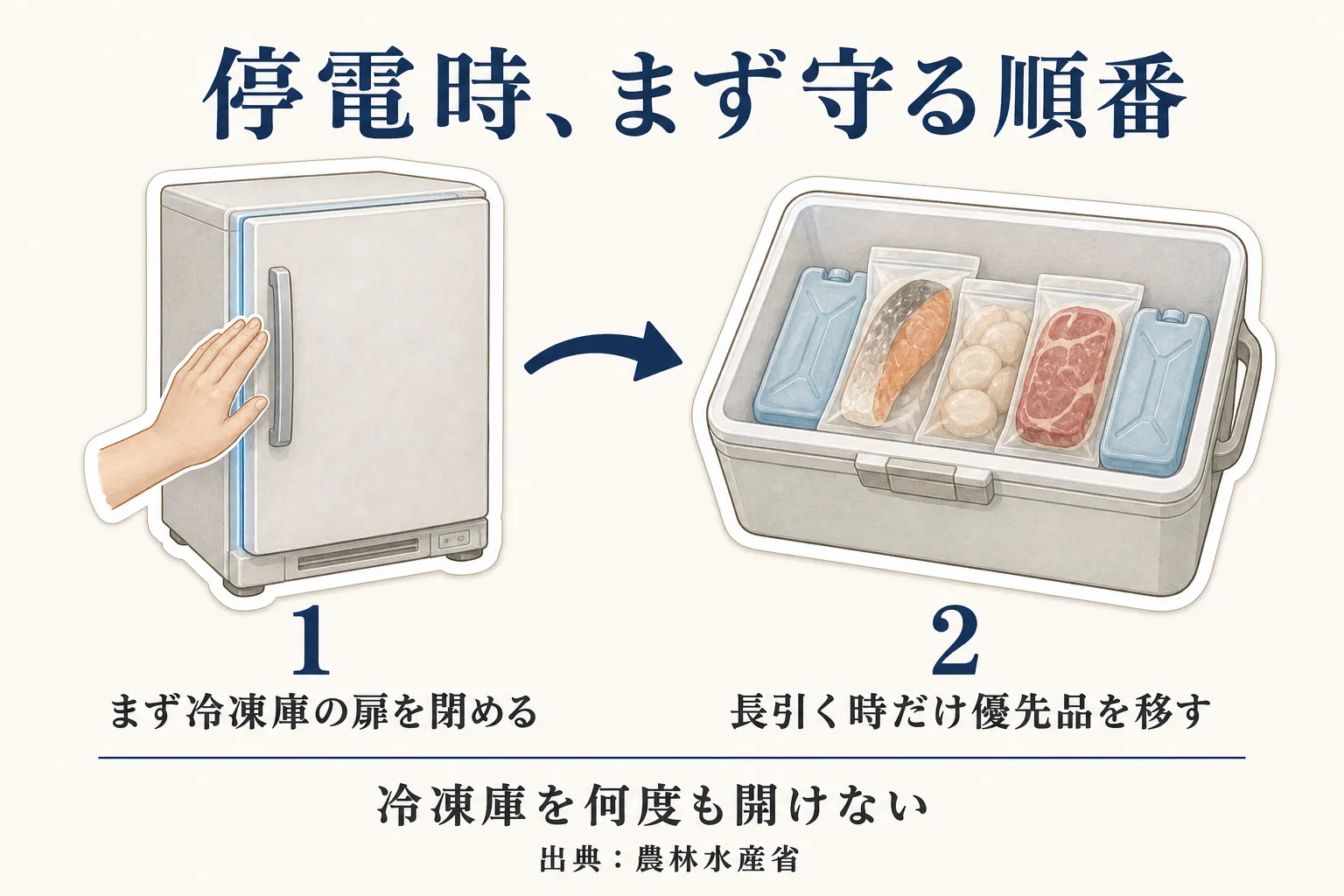 停電時はまず冷凍庫の扉を閉め、復旧が長引くときだけ保冷剤と優先する冷凍品をクーラーボックスへ移す順番を示す図。冷凍庫を何度も開けないことを示している。出典：農林水産省