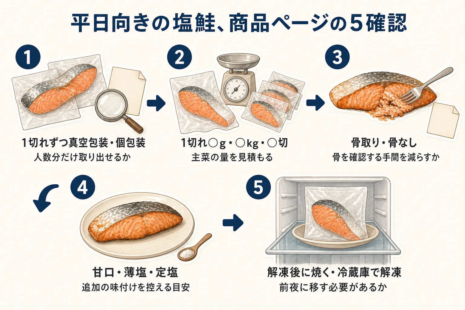 個包装塩鮭を平日の主菜に選ぶ際に、1切れずつの包装、1切れあたりの重量、骨取り表記、塩加減、解凍後の調理方法を商品ページで確認するポイントを示す図