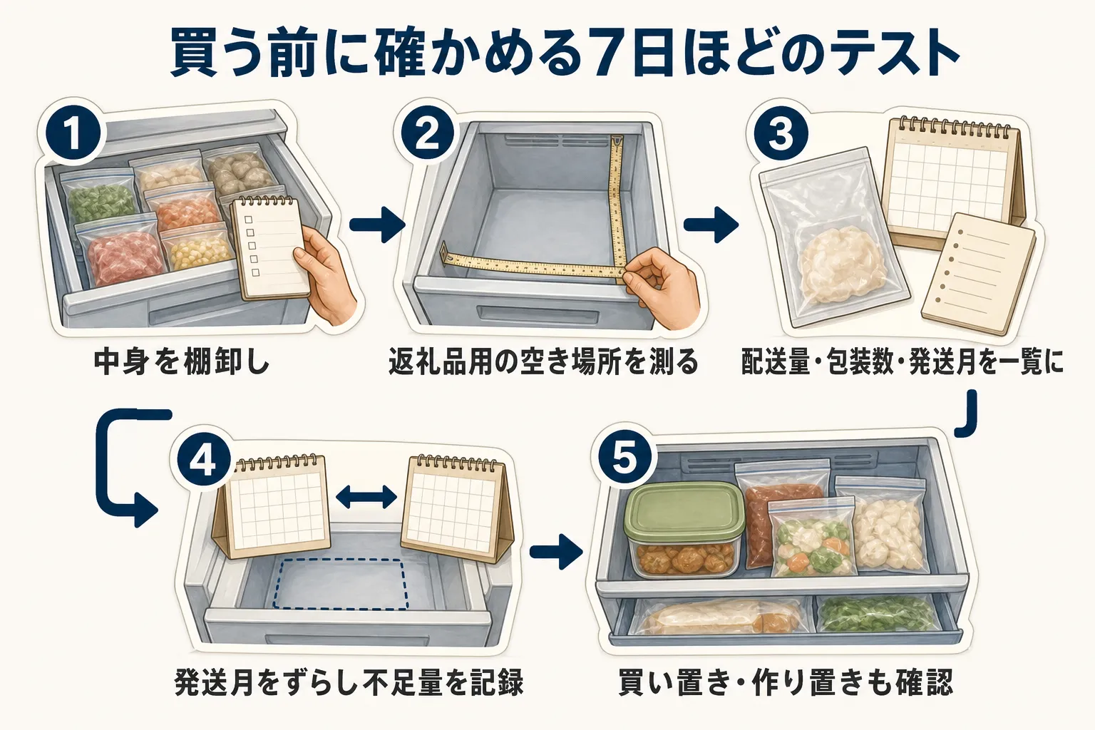 セカンド冷凍庫を買う前の7日間テストを示す図。冷凍庫の中身を棚卸しし、返礼品用の空き場所を測り、配送量・包装数・発送月を一覧にし、発送月をずらしても残る不足量と普段の買い置き・作り置きを確認する流れ