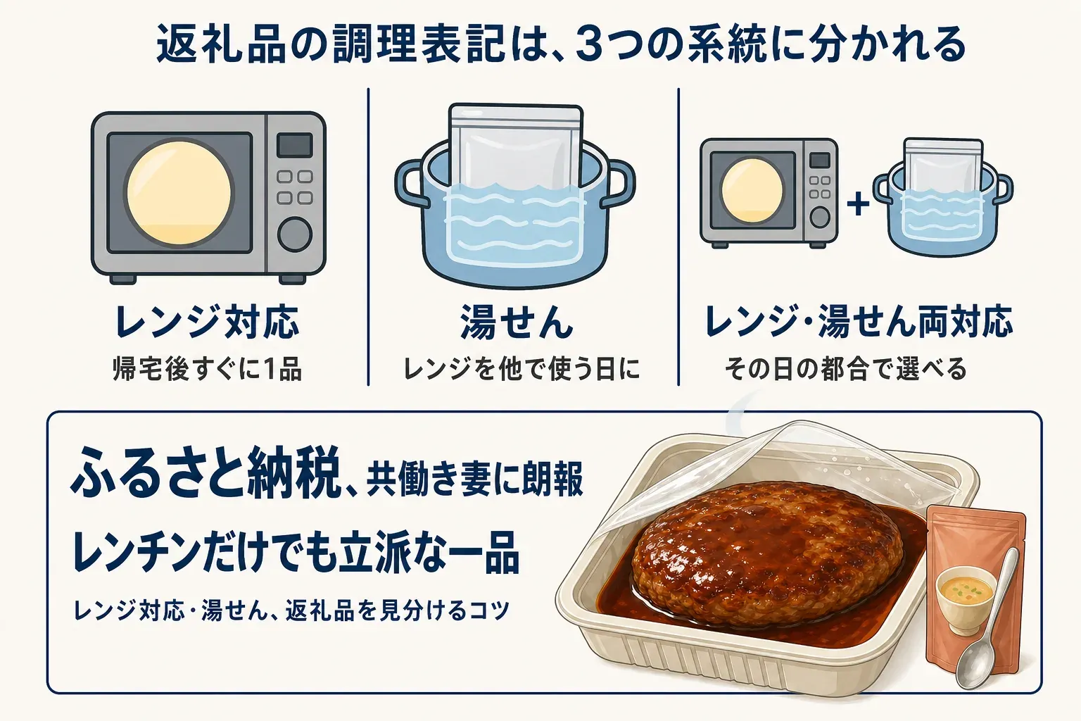 返礼品の調理表記を、電子レンジ対応、湯せん、電子レンジと湯せんの両対応の3系統に分け、電子レンジ対応のハンバーグとスープの返礼品を示す図