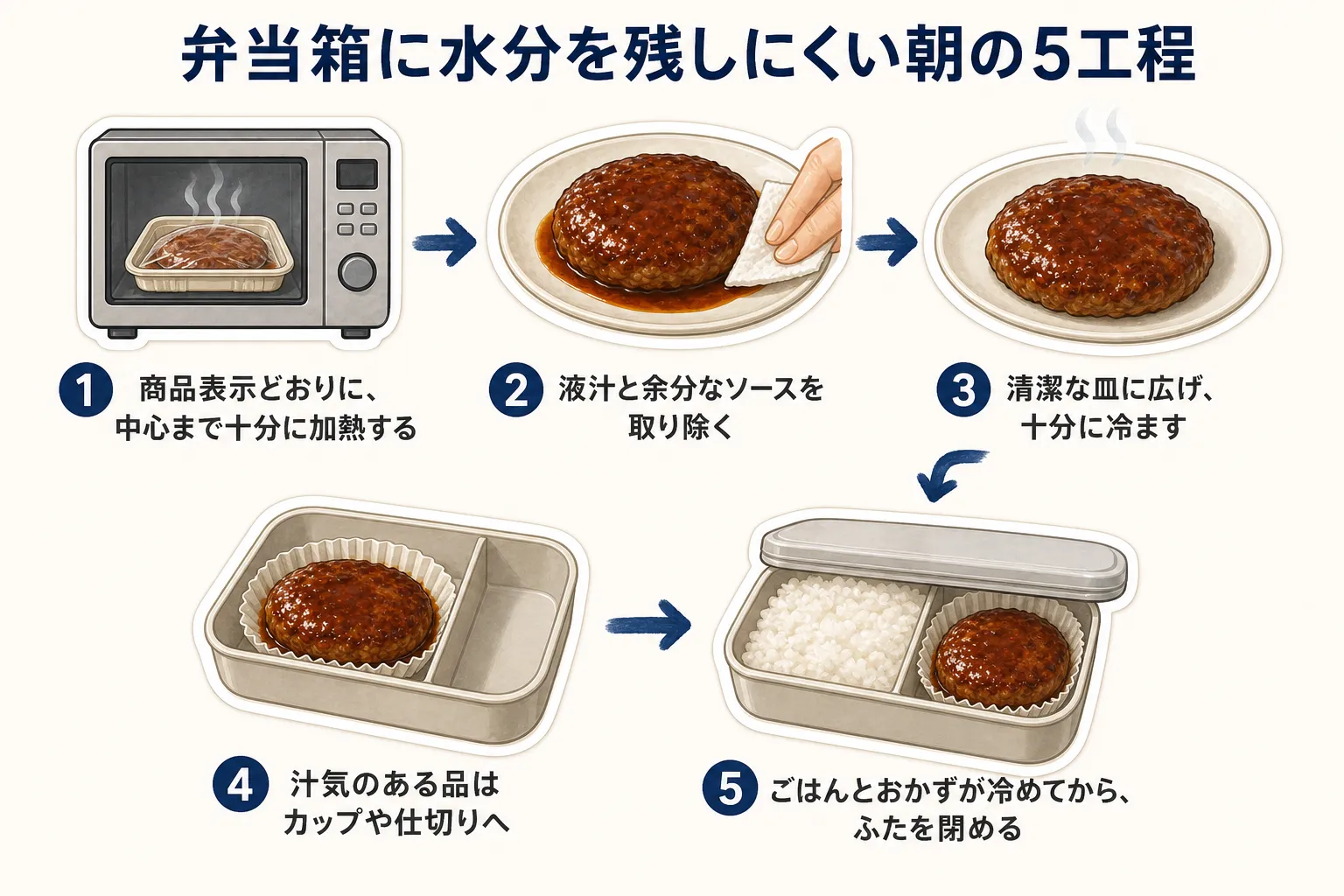 弁当箱に水分を残しにくい朝の5工程。商品表示どおり中心まで十分に加熱し、液汁と余分なソースを取り除き、清潔な皿に広げて十分に冷まし、汁気のある品はカップや仕切りへ入れ、ごはんとおかずが冷めてからふたを閉める