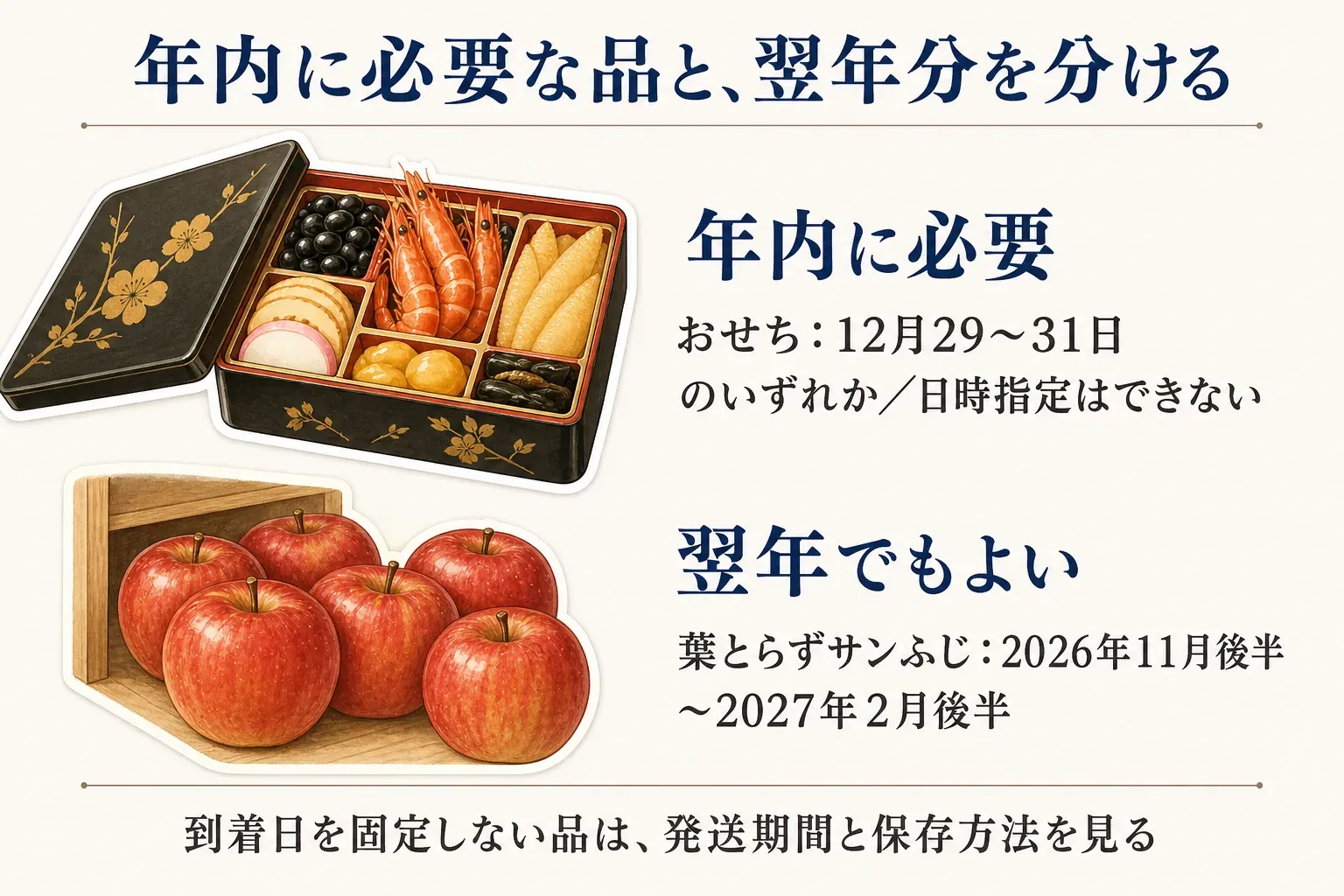 年内に必要な品として12月29〜31日のいずれかに届くおせち、翌年でもよい品として2026年11月後半〜2027年2月後半に発送される葉とらずサンふじを分け、到着日を固定しない品は発送期間と保存方法を見ることを示す図